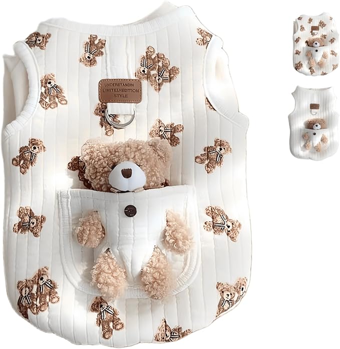 Cute Pet Apparel Plush Bear Pattern Cartoon Dog Clothes All Season Sleeveless Puppy Kitten Pullover Soft Skin-Friendly (White2, L (7.7-11lbs))