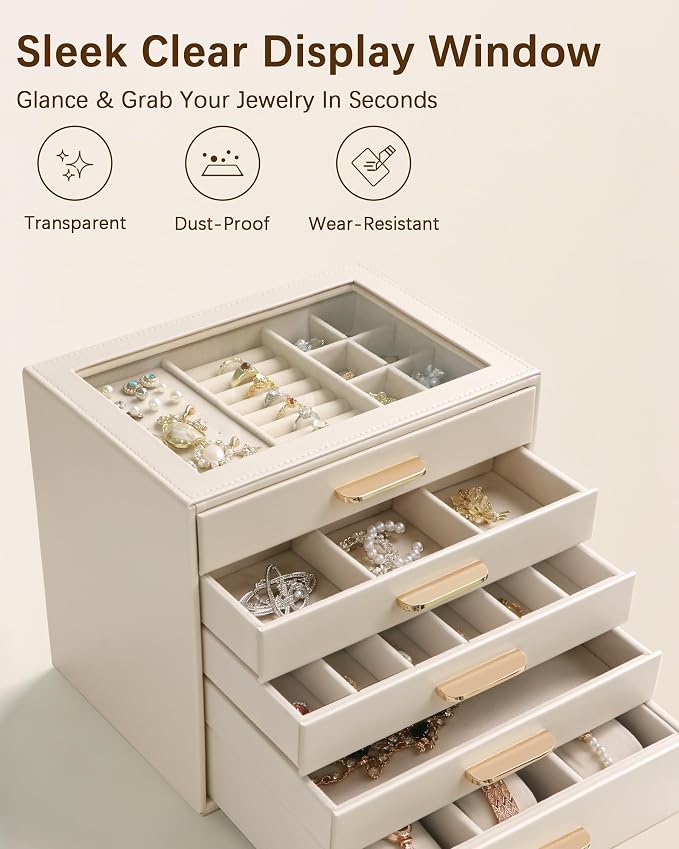 Homeanda Jewelry Boxes Organizer with Glass Lid, 5-Layer PU Leather, Beige | Modern style display case with 5 drawers for daily jewelry, women, mom or girl gift