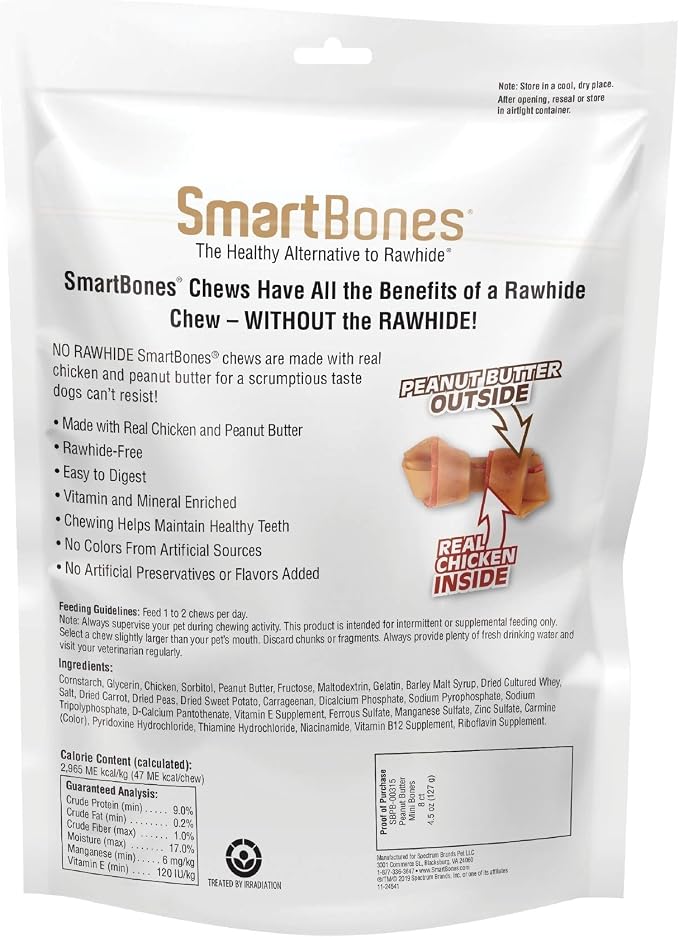 SmartBones Mini Bones Rawhide-Free Dog Treat, Real Peanut Butter, 8 Count | Easy To Digest Chew, No Artificial Preservatives or Flavors, Vitamin & Mineral Enriched, Maintains Healthy Teeth, Small Dogs