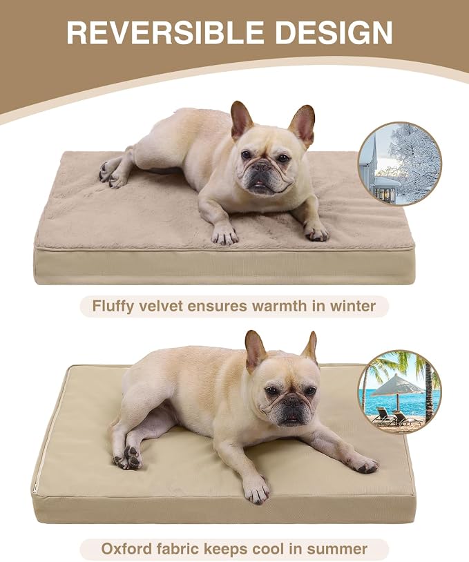 KSIIA Orthopedic Dog Bed for Small Dogs with Waterproof Lining, Khaki,23x17 | Deluxe Soft Plush Dog Crate Bed, Washable Pet Mat with Removable Cover & Egg Crate Foam for Small Dogs Sleeping & Relaxing
