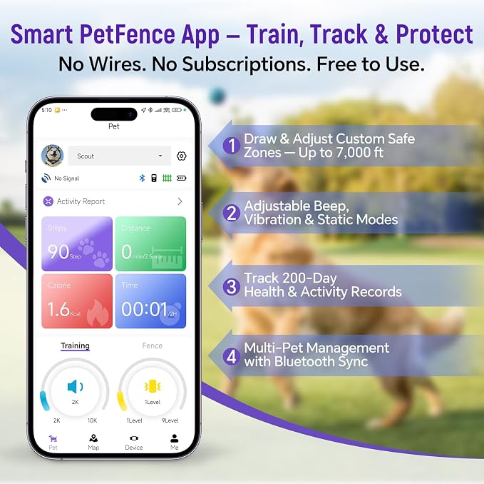 GPS Wireless Dog Fence & Remote Training Collar, Free APP Control, No Subscription Fee, Adjustable GPS Boundary, Green, Dogs 10-120 lbs
