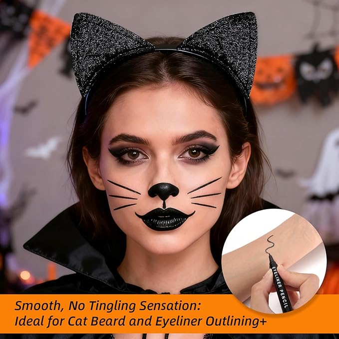 Halloween Black Cat Makeup Kit, Ears Headband, Lipstick, and Eyeliner, Costume Accessories for Black Cat Cosplay Party SFX Makeup