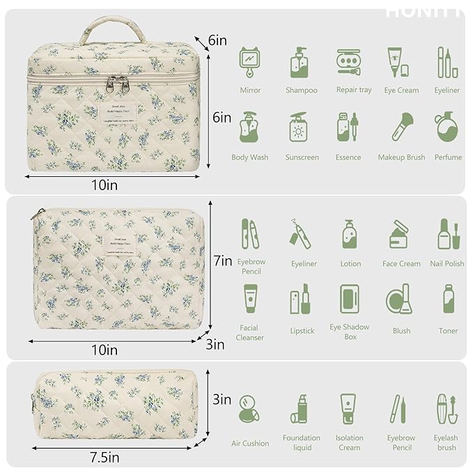 honitty Makeup Bag,Quilted Cosmetic Bags,Large Floral Make Up Organize bag,Makeup Bag Set for Women,Flower Travel Toiletry Bag