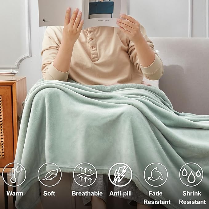 Hansleep Full Grey Green Fleece Blanket, Soft Flannel Bed Blanket | Fuzzy Cozy Blanket 84x90 Inches, Multi-use for Bed, Sofa, Couch, Travel, Camping, All Season Warm Lightweight Cover