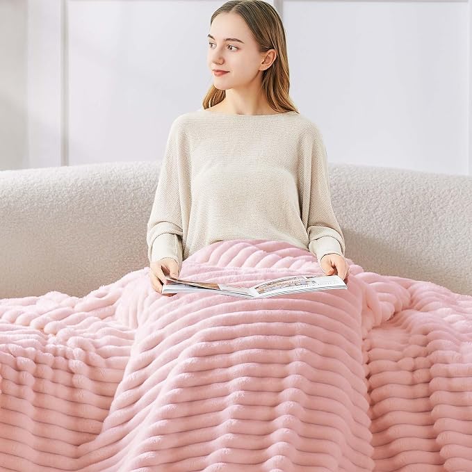 BEDELITE Throw Blanket for Couch - 300GSM Soft & Warm Fluffy Pink Blanket, Decorative and Giftable Striped Blankets for Women, Men, 50"x70" | Ultra-Soft Plush Fleece, Warm Yet Lightweight, Ribbed Texture, Home Decor, Machine Washable, Giftable, All-Sea...