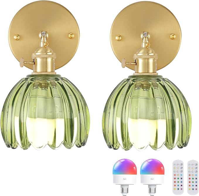 Shenmoyl Vintage Battery Operated Wall Sconce with Green Tulip Glass Lampshade 5000 mAh Rechargeable Battery Powered Wall Light with Remote Control for Bedside Bedroom Doorway, Set of 2