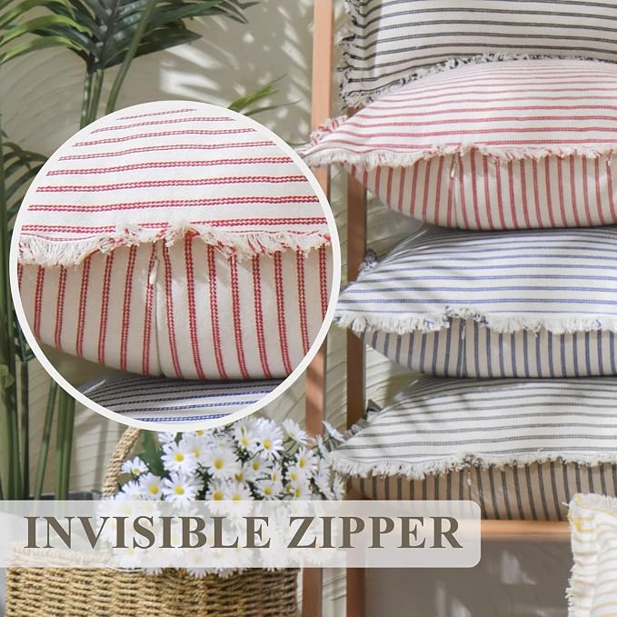Fall Pillow Covers 16x16 Set of 2 Striped Pillow Covers with Fringe Chic Cotton Decorative Pillows Square Cushion Covers for Sofa Couch Bed Living Room Farmhouse Decor, (Burnt Orange)