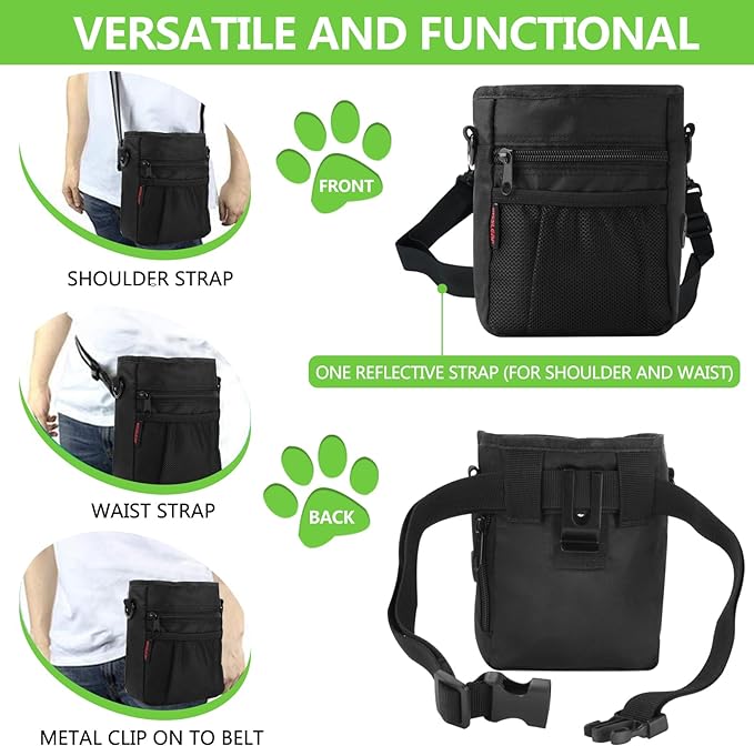 kissleaf Dog Treat Pouch, Magnetic Closure, Dog Clicker- Black