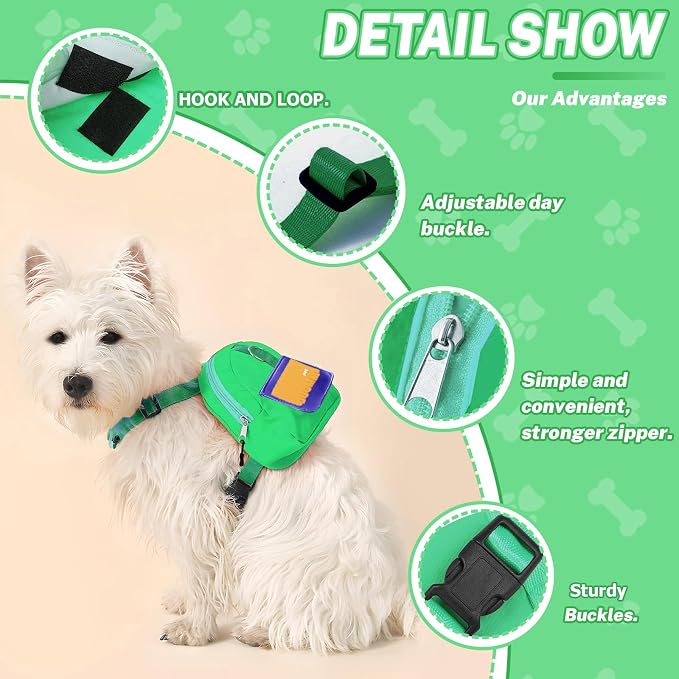 Adjustable Dog Backpack Harness with Leash & Poop Bag Dispenser, Waterproof Dog Saddle Bag, Pets Self Carrier Dog Harness Bag for 17-33 Lb Medium Doggy Travel Hiking Walking (Green)