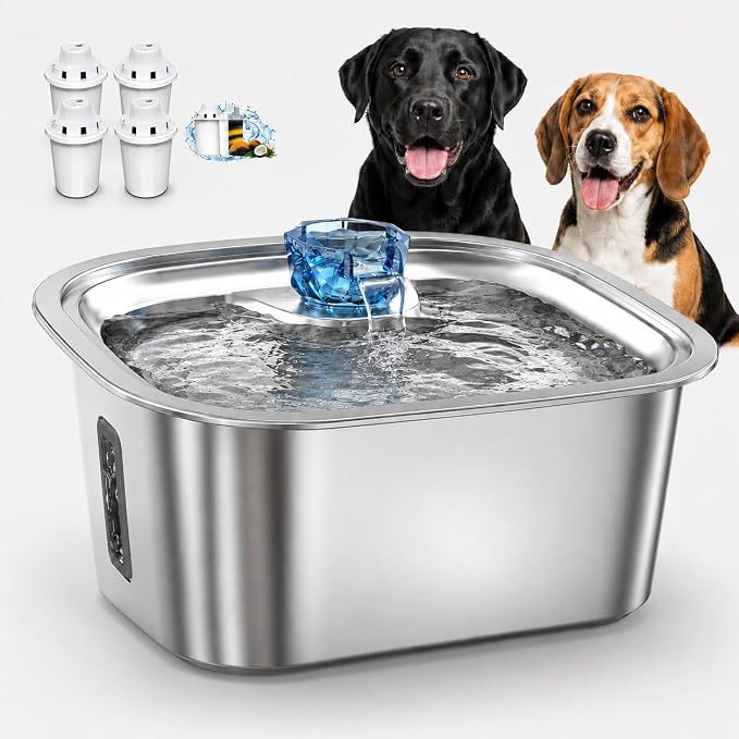 PETNF 2.1-Gallon Stainless Steel Dog Water Fountain for Large Dogs, Dog Water Bowl Dispenser with 4 Filters, Visible Water Window, Quiet Pump & LED Low-Water Indicator