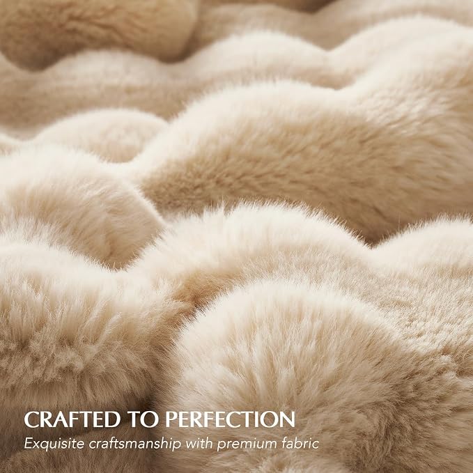 Faux Rabbit Fur Bubble Throw Blanket, 90"x90", Cream | Ultra Soft, Luxury Faux Rabbit Fur Throw, Thick Warm Bubble Blanket, Cozy Fluffy Reversible, for Bed, Couch, Chair, Sofa