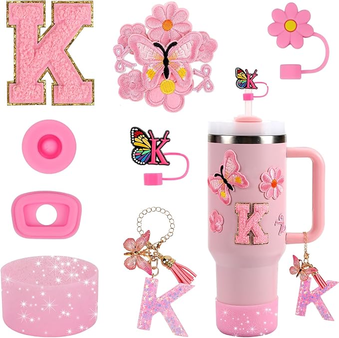 15PCS Cup Accessories Set for Stanley Cup 30oz 40oz Tumbler with Handle, Including Silicone Straw Cover and Boot, Spill Proof Stopper, Stanley Charms, Handle Charm, Initials Sticker