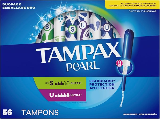 Tampax Pearl Tampons for Women Multipack, with LeakGuard Braid, Super/Ultra Absorbency, Unscented, 56 Count