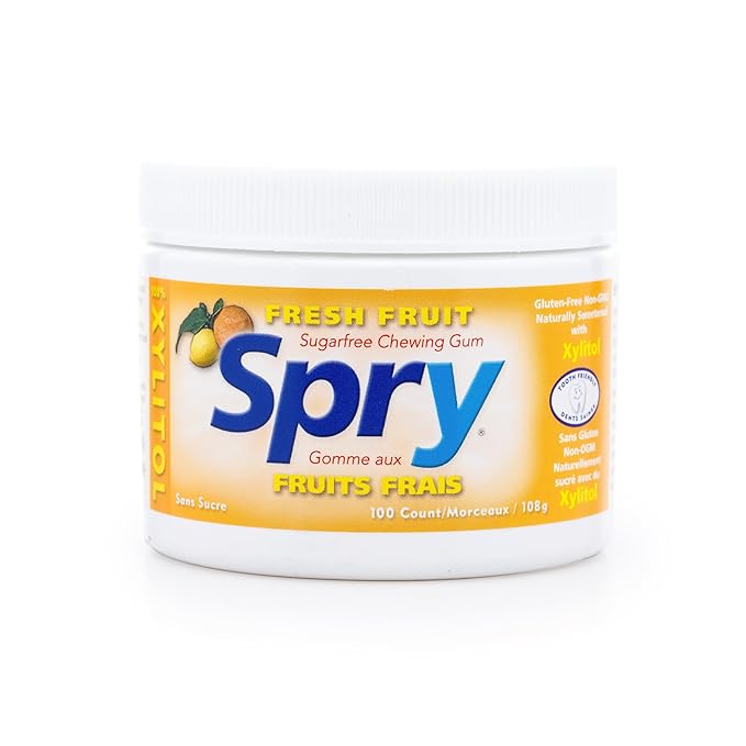 Spry Fresh Natural Xylitol Chewing Gum Dental Defense System - Aspartame-Free, Sugar-Free, Non-GMO, Gluten-Free (Fresh Fruit, 100 Count - Pack of 2)
