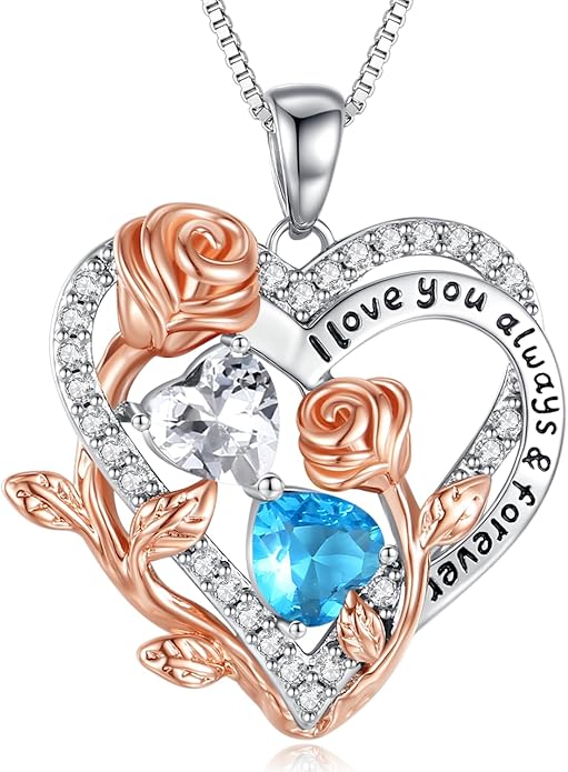 I Love You Birthstone Necklace, 925 Sterling Silver Heart Pendant with CZ Diamond Stones, Birthday Gifts for Women, Romantic Gift for Wife, Girlfriend, Her, Anniversary, Valentine's Day, Christmas