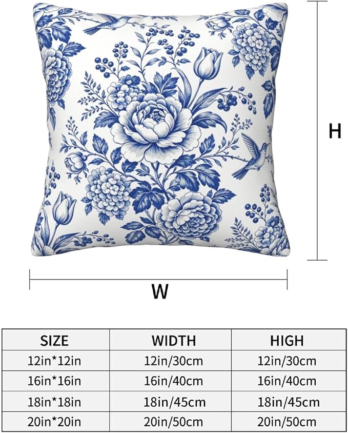 Blue White Chinoiserie Floral Throw Pillow Covers 18x18 Set of 2 Farmhouse Decorative Cushion Cases Home Decor