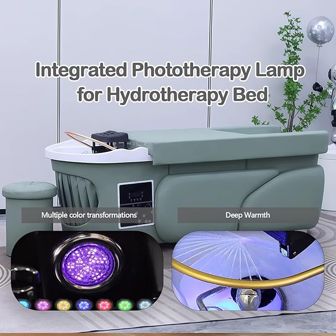 Head SPA Bed - Shampoo Bed with Sage Green Curved Sleek Style, Head SPA Equipment & Massage Table Includes Water Circulation, Ambient Light, with Stool