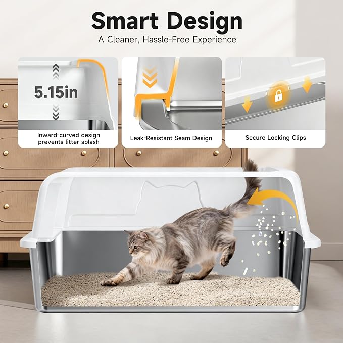 High-Sided Stainless Steel XL Cat Litter Box for Cats | High-Sided Design Prevents Urine Leakage,Non-Stick,Easy to Clean,Includes Scoop,White