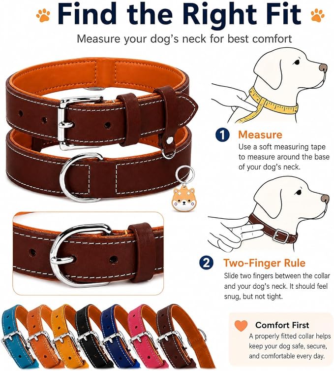 Genuine Leather Dog Collar, Soft Padded Leather Dog Collars with Airtag Holder Case for Small Medium Large X-Large Dogs,Comfort Heavy Duty Pet Collar with Durable Metal Buckle & D-Ring-Brown/L