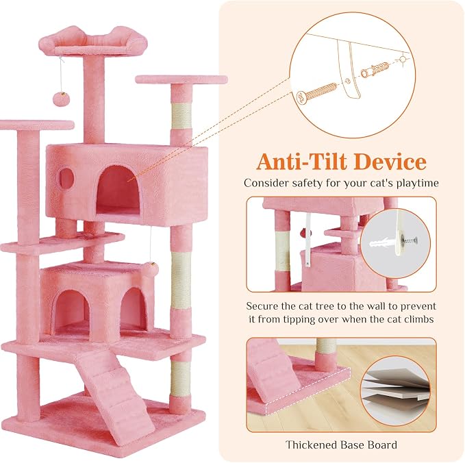 Sweetcrispy 54-inch Cat Tree Tower with Scratching Posts, Indoor Use | Multi-Level Indoor Cat Tree Condo with Climbing Ladder, Plush Toy, Play House for Kitten, Pink