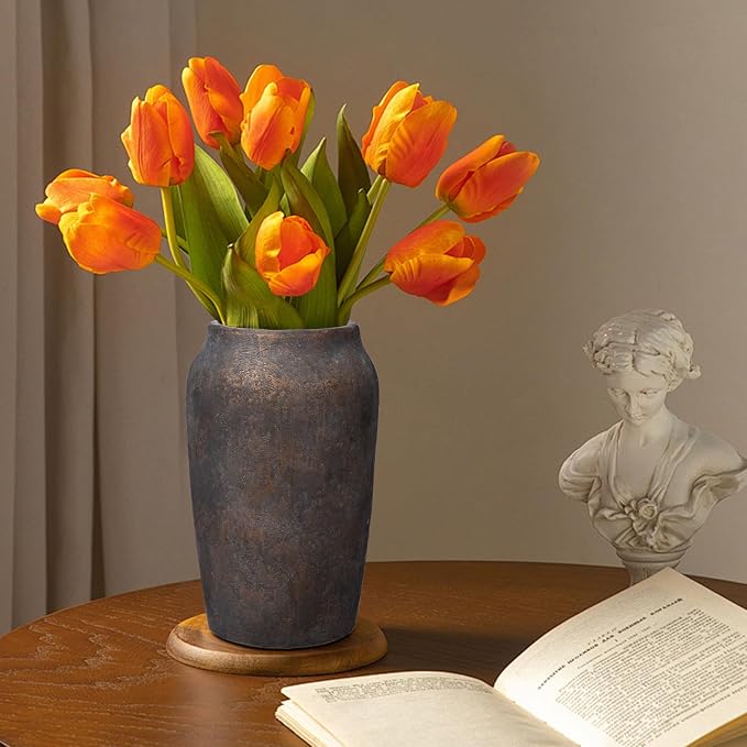 Briful Rustic Vintage Ceramic Vase, 9.06'' Farmhouse Table Decor with Wide Mouth, Large Decorative Vase for Home Decor, Living Room, Entryway & Shelf Styling, Brown