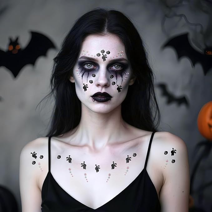 Halloween Black Face Stickers Gems for Makeup, 3 Sheets Spooky Spider Witch Bat Face Glitter Rhinestone jewels, Self Adhesive Face Eye Nail Body Gems Stick on for Boo Rave Festival Accessories