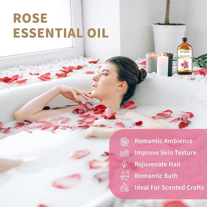 EUQEE Rose Essential Oil 118mL Large Capacity Rose Oil Premium Essential Oil with Glass Dropper for Diffuser, Soap & Candle Making, Aromatherapy - 4Fl. Oz