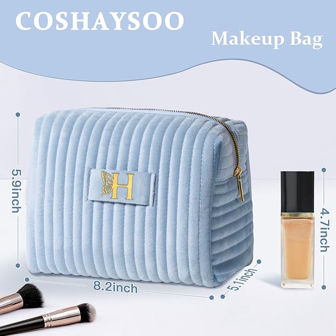 COSHAYSOO Easter Basket Stuffers Essentials Gifts for Women Quilted Makeup Bag Make Up Cosmetic Pouch Travel Size Skin Care Toiletries Lip Balm Gloss Liner Oil Tint Organizer Blue Initial Letter H