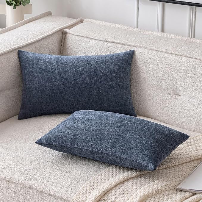MIULEE Pack of 2 Blue Decorative Pillow Covers 12x20 Inch | Soft Chenille Couch Throw Pillows Farmhouse Cushion Covers for Home Decor Sofa Bedroom Living Room