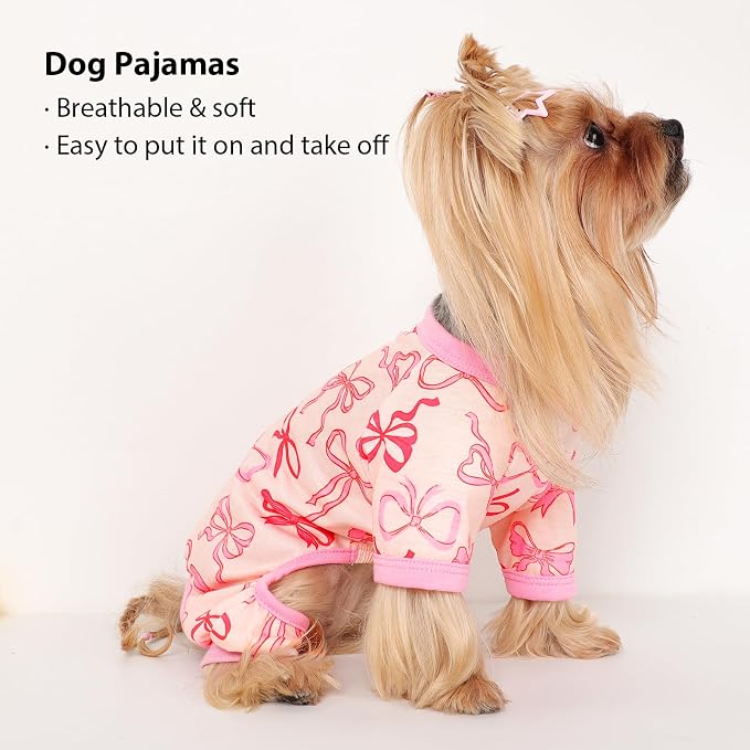 DaFuEn Dog Pajamas for Small Dogs, Soft Stretchy 4 Legs Puppy Jumpsuit, All Season Cozy Pet PJs for Chihuahua Yorkie Teacup Dogs, Cat Clothes (Pink Bow, S)