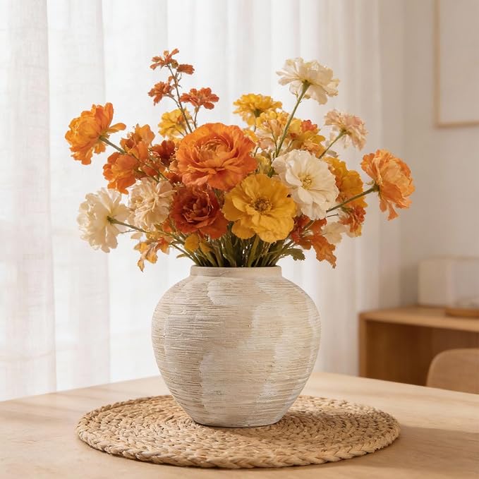 Rustic Ceramic Vintage Farmhouse Vase for Decor (Large Ribbed Whitewash) | 8.8'' Boho Decorative Vase for Home Decor, Round Clay Terracotta Bowl vase for Living Room, Table, Shelf, Centerpieces