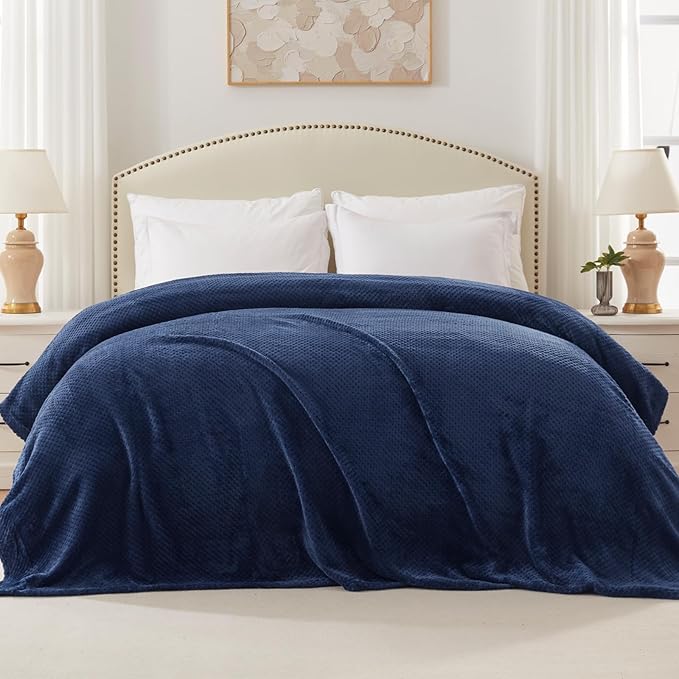 Exclusivo Mezcla Soft Waffle Fleece Bed Blanket King Size, Navy | Lightweight Plush Blanket for Bed, Bedroom, Cozy Flannel with Waffle Texture, Stylish Home Decor, All Season, 104x90 Inches