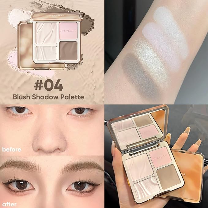 JUDYDOLL Highlight & Contour Palette, All-in-One Matte Highlighter Contour Compact, Natual Finish, Ultra-fine Powder, Blendable Face Makeup for All Skin Tones (New Version 04 Blush Shadow Palette)