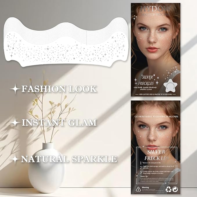 Glitter Freckles, Holographic Face and Body Glitter Tattoo Sparkle for Women Gold Glow Cosmetic Star Makeup Accessories for Festival Rave (12pcs Silver)