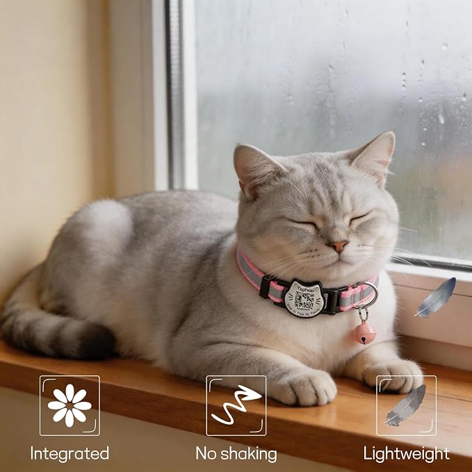 Breakaway Cat Collar with QR Code Tag and Bell (Pink & Purple) | Reflective Nylon, Quick-Release Buckle