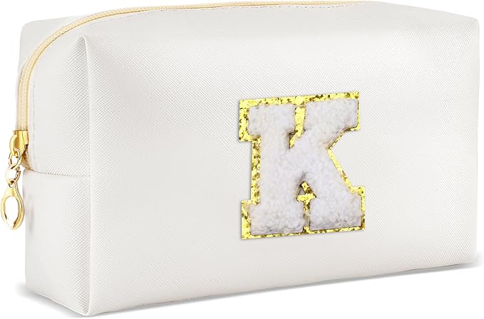 URSKYTOUS Gifts for Girls Initial Makeup Bag Personalized Cosmetic Bag with Zipper Cute Travel Toiletry Bags Waterproof PU Preppy Makeup Pouch Birthday Gift for Teen Girls Women(White K)