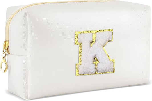 URSKYTOUS Gifts for Girls Initial Makeup Bag Personalized Cosmetic Bag with Zipper Cute Travel Toiletry Bags Waterproof PU Preppy Makeup Pouch Birthday Gift for Teen Girls Women(White K)