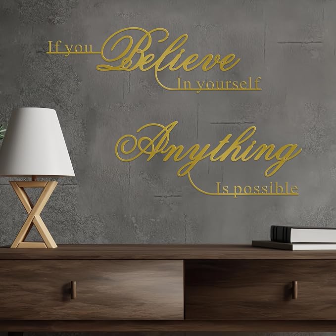Resama If You Believe in Yourself,Anything is Possible Wall Art Decor 2 Pcs Metal Inspiration Encouragement Wall Art Sayings Black Inspirational Quotes Hanging Decoration(Gold)
