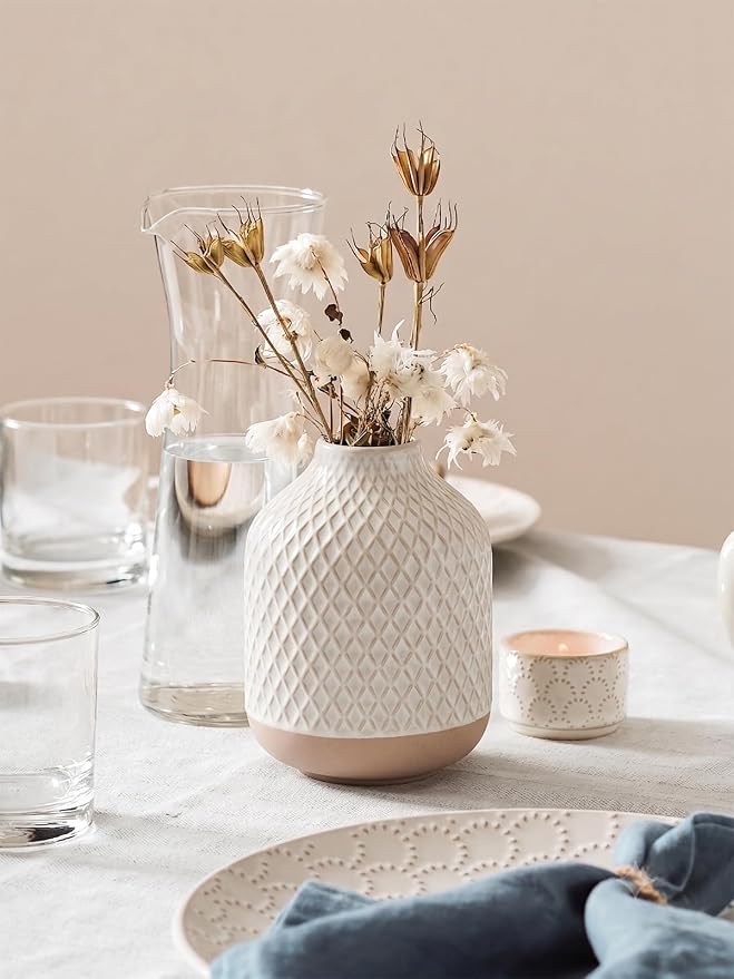 Small Boho Vase for Decor,Rustic Farmhouse Vase for Pampas Grass,Eucalyptus Set and Tiny Stem Flowers,Ceramic Vintage for Centerpieces, 5.3 Inch -Rhombus, Embossment