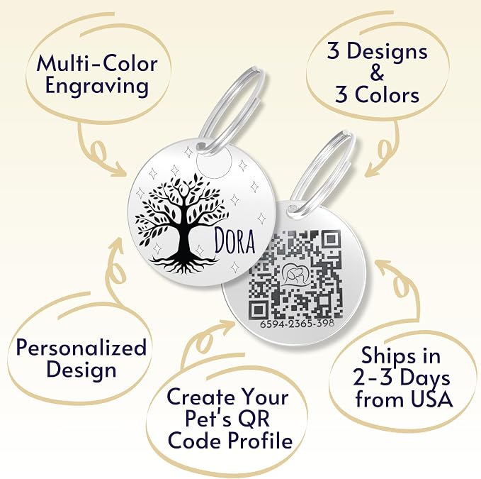 PawFurEver QR Code Dog Tag - Custom Dog Tags/Pet ID Tags for Dogs, Engraved Dog Tag & Pet Tag, Stainless Steel Dog Tags Personalized for Pets (Tree, Silver)