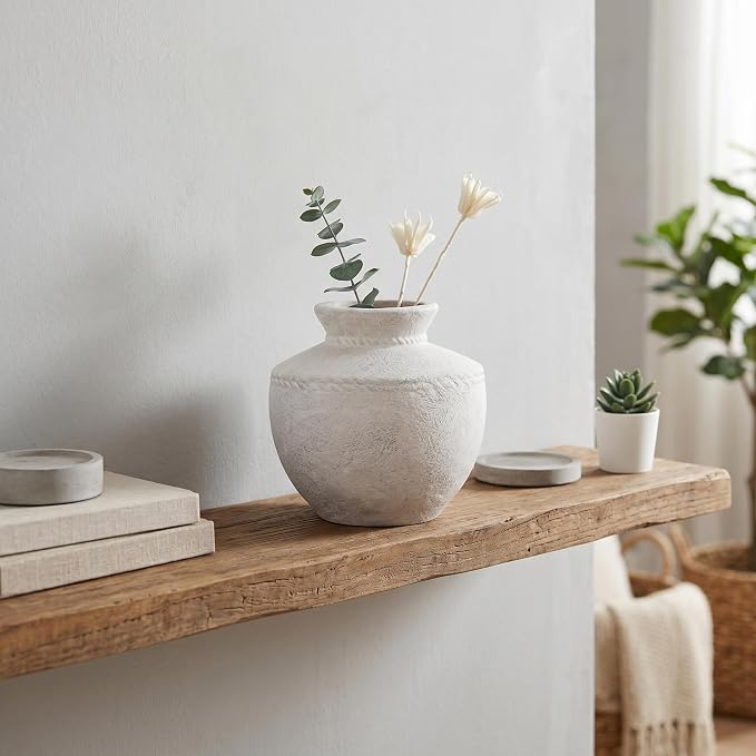 Rustic Farmhouse Vase 6 Inch Small White Ceramic Flower Vases for Home Decor Vintage Pottery Vase for Living Room Bedroom Shelf Office Coffee Table Centerpiece