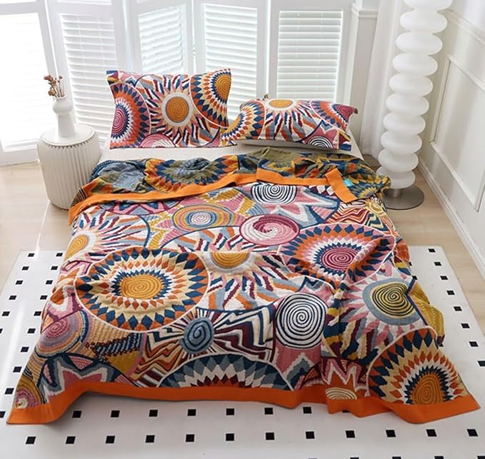 Boho Throw Blanket for Bed 100% Cotton Bohemian Blankets Ultra Soft Woven Muslin Decorative Blankets All Seasons Vintage Quilt Knitted Blanket for Sofa Chair (Colorful, 90"x98")