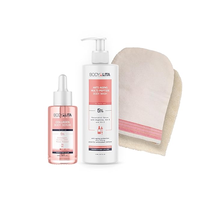 Perfect Skin Routine, 3-Step Body Renewal Set with Dual-Sided Exfoliating Pad, Multi-Peptide Anti-Aging Body Wash & Collagen-Infused Body Serum, Smooth, Firm, Youthful-Looking Skin