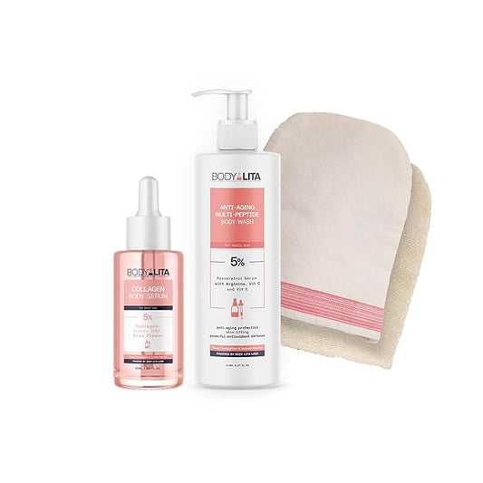 Perfect Skin Routine, 3-Step Body Renewal Set with Dual-Sided Exfoliating Pad, Multi-Peptide Anti-Aging Body Wash & Collagen-Infused Body Serum, Smooth, Firm, Youthful-Looking Skin