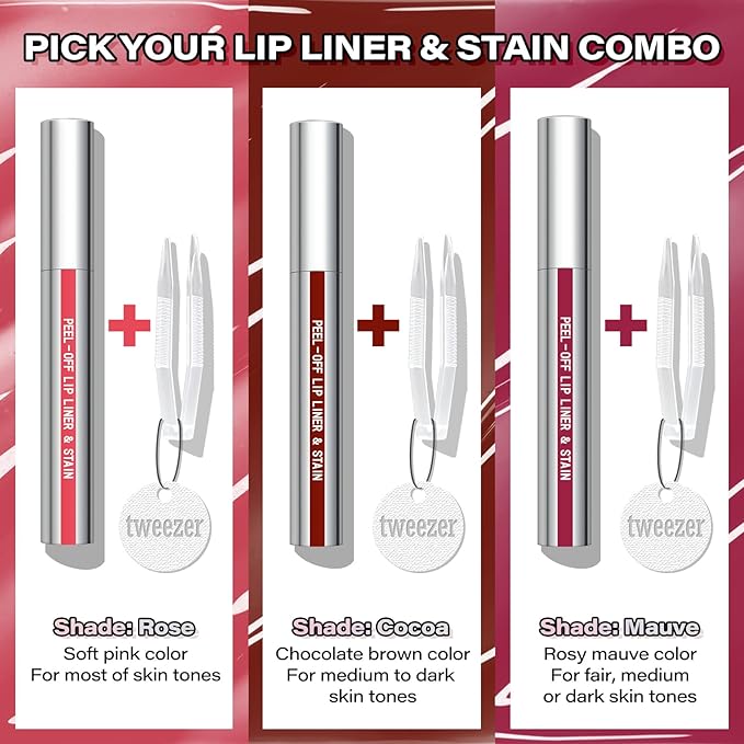 Cilrofelr Peel Off Lip Liner Stain, Long Wear Tattoo Lip Liner with Tweezer, Peel Off Lip Stain with Matte Finish, Long Lasting, Waterproof, Transfer-proof, Highly Pigmented Color (Mauve)