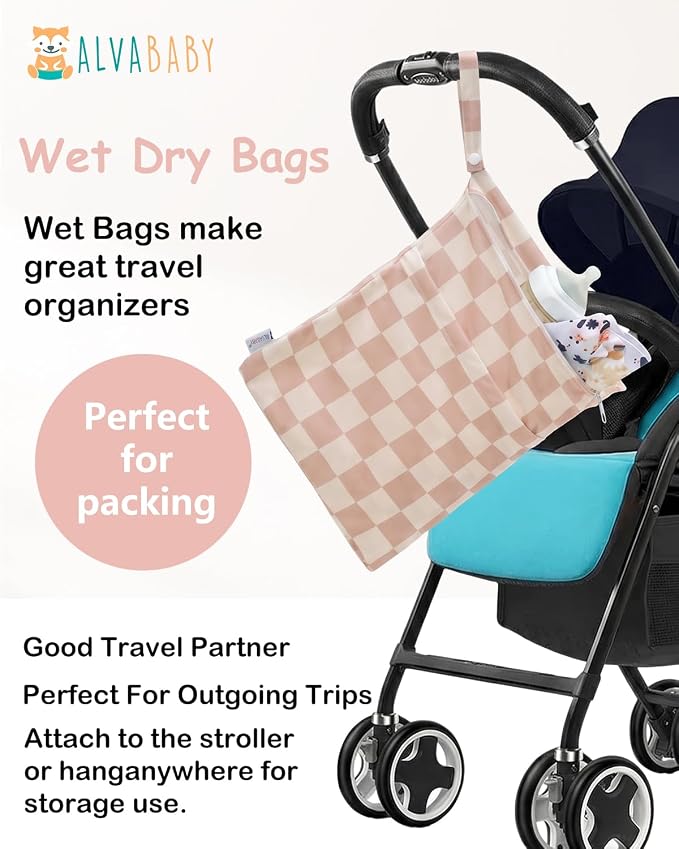 ALVA ALVABABY 3pcs Medium Cloth Diaper Wet Dry Bags Waterproof Reusable with Two Zippered Pockets Travel Beach Pool Daycare Soiled Baby Items Yoga Gym Bag for Swimsuits or Wet Clothes 3L-ZM47