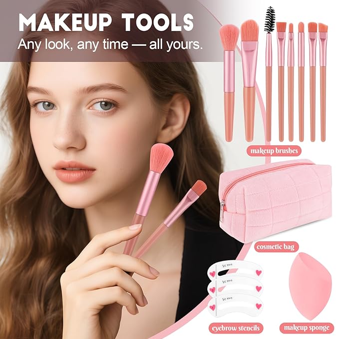 All In One Makeup Kit for Teen Girls Beginners with Foundation,Eyeshadow, Lipstick, Eyeliner, Mascara, Brushes, Bag, Travel Friendly MakeUp Gift Set, Birthday Gifts for Teen Girls, Graduation Gifts