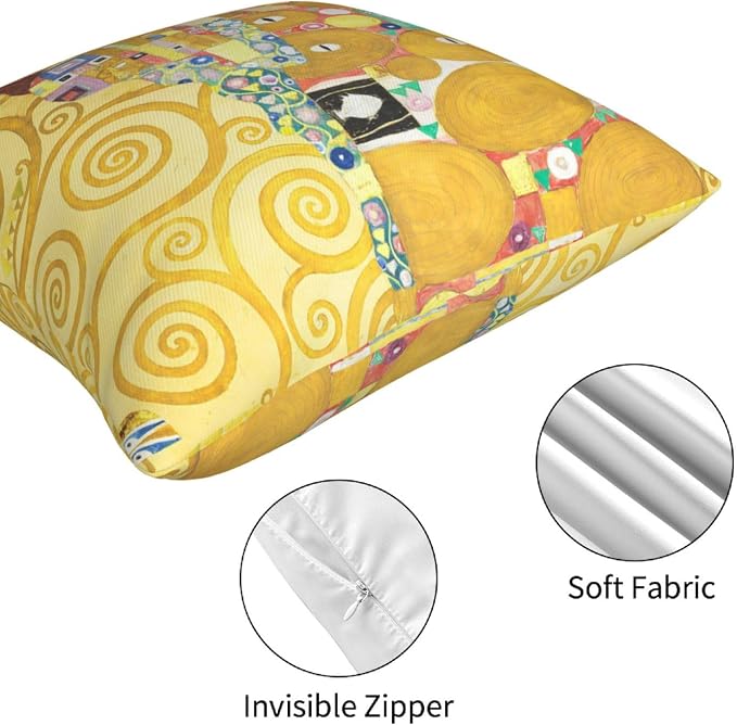 Klimt Art Pillow Covers 18x18 inch Set of 4 Famous Painting The Kiss by Gustav Klimt Cushion Covers Yellow Modern Decorative Pillow Cases for Sofa Couch Bed Office