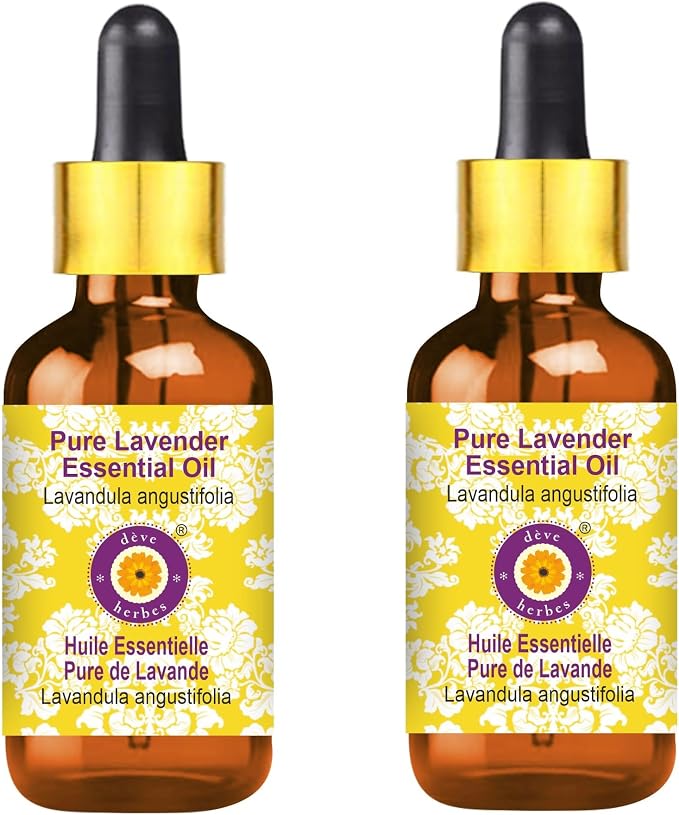Deve Herbes Pure Lavender Essential Oil (Lavandula angustifolia) with Glass Dropper Steam Distilled (Pack of Two) 100ml X 2 (6.76 oz)