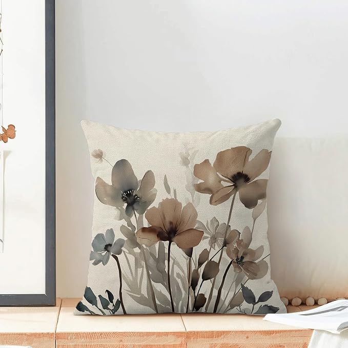 Spring Floral Pillow Covers 18x18 Inches Set of 2 Watercolor Brown Floral Throw Pillow Cover Outdoor Rustic Summer Flower Decor Pillowcase Farmhouse Decorative Linen Cushion Cover For Home Sofa